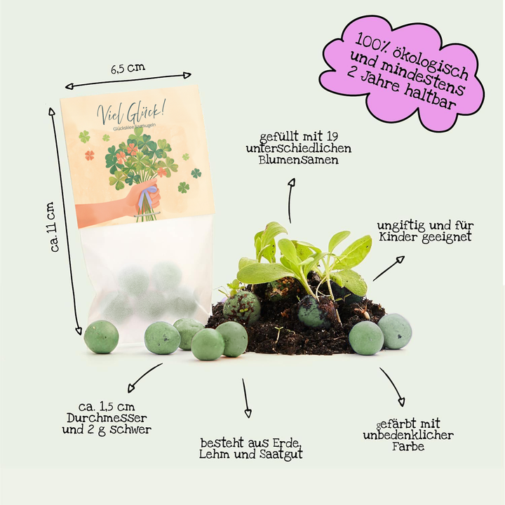 Una bolsa de bolas de semillas verdes, junto a pequeñas plantas y bolas de tierra, con etiquetas que indican tamaño, peso, composición y propiedades como ecológicas, no tóxicas y aptas para niños.