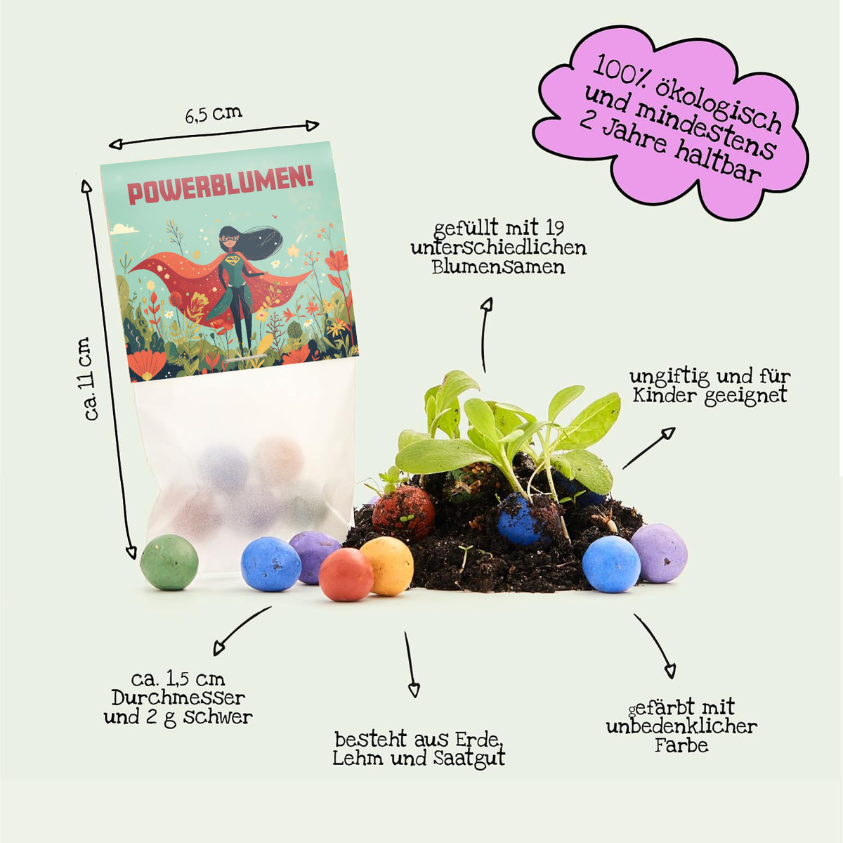 Una bolsa etiquetada como "¡Flores poderosas!" rodeada de bolas de semillas de colores y plantas con flores, con descripciones de tamaño, contenido de semillas, compatibilidad ecológica, seguridad para niños e ingredientes.