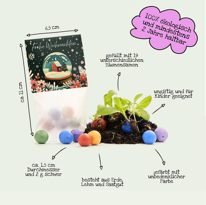 Una bolsa etiquetada "Feliz Navidad" contiene bolas de semillas coloridas hechas de tierra, arcilla y semillas, junto con algunas bolas de semillas y plántulas; con etiquetas alemanas que indican tamaño, color ecológico, no toxicidad, 19 semillas de flores y vida útil.