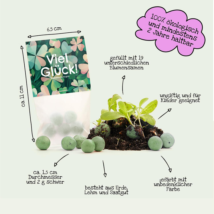 Una bolsa etiquetada como "¡Buena suerte!" contiene bolas de semillas verdes hechas de tierra, arcilla y semillas que son orgánicas, no tóxicas y seguras para los niños; pequeñas plantas crecen de las bolas junto a ellas.