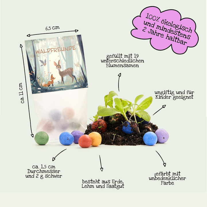 Una bolsa de bolas de semillas de colores de la marca "Waldfreunde", con pequeñas plantas que crecen de algunas de las bolas; etiquetadas con detalles sobre tamaño, material, colores seguros, producción ecológica y apto para niños.