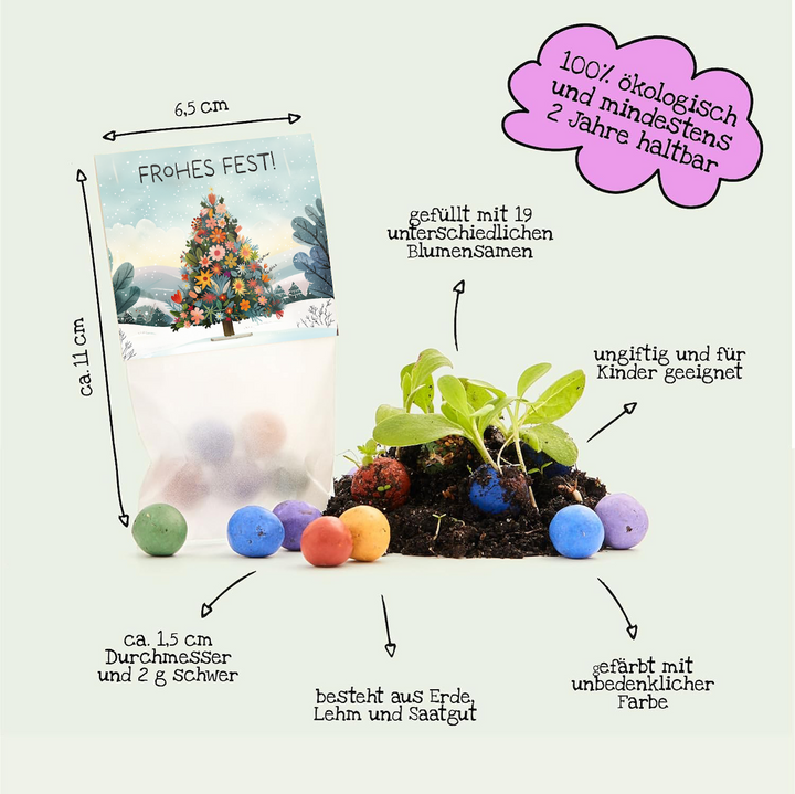 Bolsa con bombas de semillas de colores, motivo navideño ilustrado y textos explicativos en alemán sobre tamaño, contenido y seguridad ecológica.