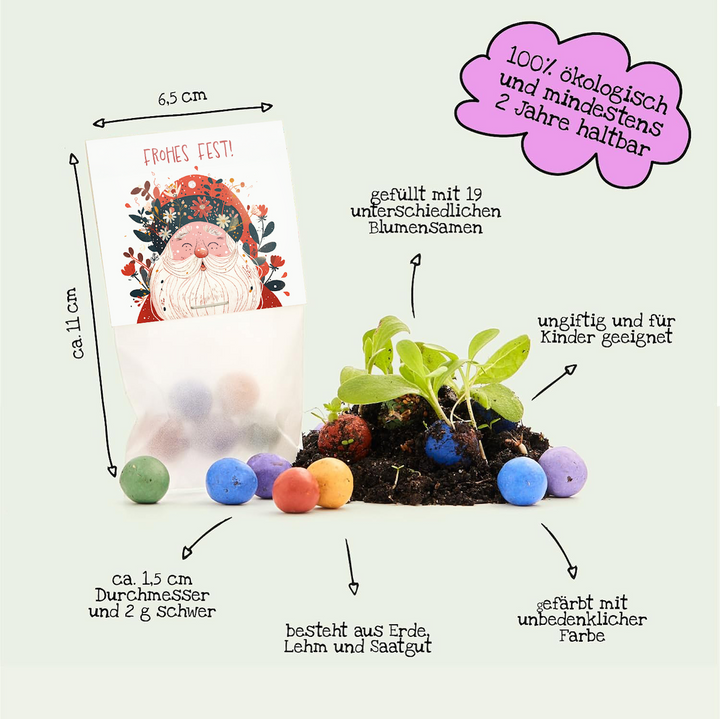 Una bolsa con diseño navideño, llena de bolas de semillas de colores y plantas verdes al lado; las etiquetas resaltan características y contenidos ecológicos y aptos para niños.