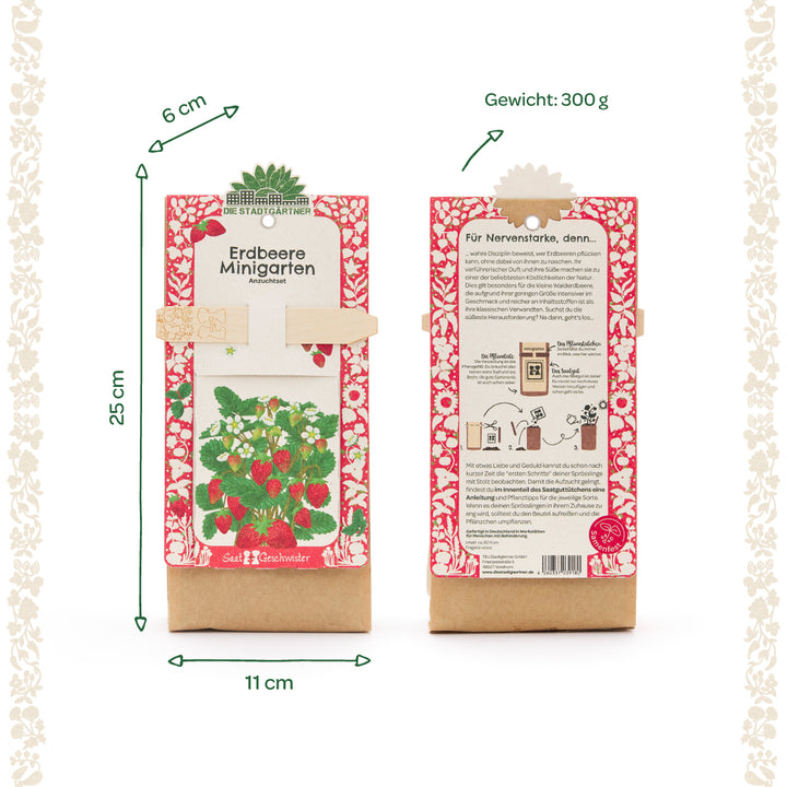 Dos paquetes de un juego de mini rallador de fresa, con un estampado floral rojo y una ilustración de una planta de fresa, se indican dimensiones y peso.