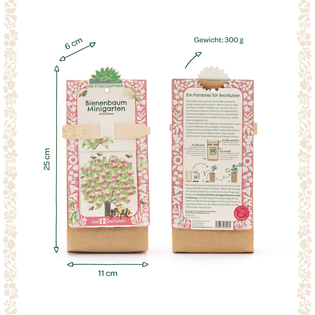 Dos paquetes del kit de cultivo Bee Tree Mini Garden, con etiquetas de dimensiones y peso en alemán y un motivo ilustrado de árbol y abeja en el frente.