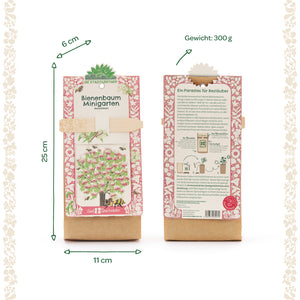 Dos paquetes del kit de cultivo Bee Tree Mini Garden, con etiquetas de dimensiones y peso en alemán y un motivo ilustrado de árbol y abeja en el frente.