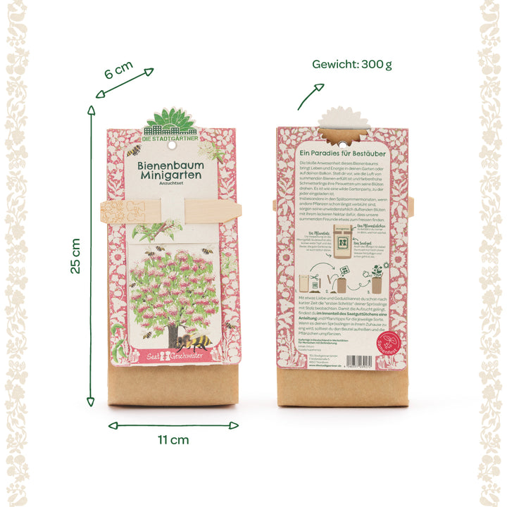 Dos paquetes del kit de cultivo Bee Tree Mini Garden, con etiquetas de dimensiones y peso en alemán y un motivo ilustrado de árbol y abeja en el frente.