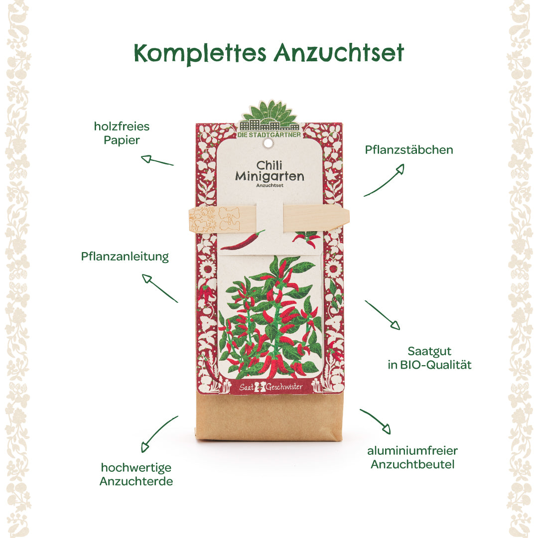 Kit de cultivo completo para mini jardines de chile con estaca de plantación, instrucciones de plantación, semillas orgánicas, papel sin madera, tierra para macetas de alta calidad y bolsa de cultivo sin aluminio.