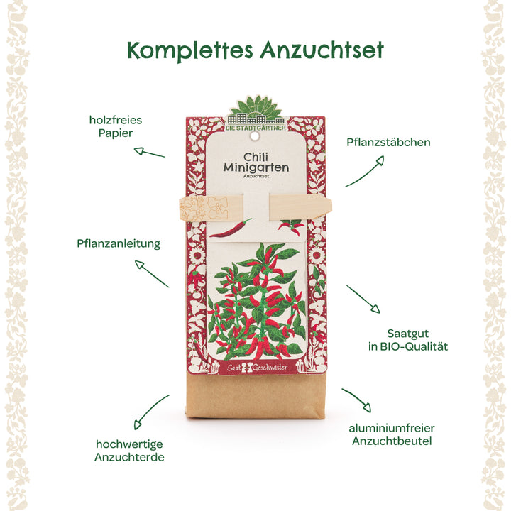 Kit de cultivo completo para mini jardines de chile con estaca de plantación, instrucciones de plantación, semillas orgánicas, papel sin madera, tierra para macetas de alta calidad y bolsa de cultivo sin aluminio.
