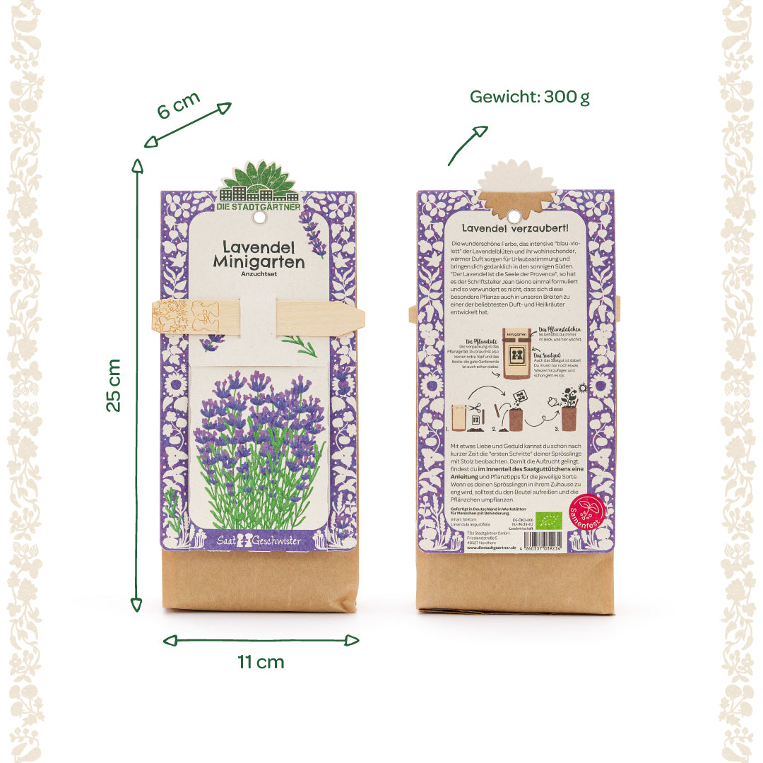 Dos bolsas del "Lavender Mini Garden Grow Kit" de Die Stadtgärtner, una por delante con una ilustración de lavanda y otra por detrás con instrucciones y descripción, se indican las dimensiones y el peso.