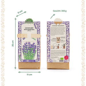 Dos bolsas del "Lavender Mini Garden Grow Kit" de Die Stadtgärtner, una por delante con una ilustración de lavanda y otra por detrás con instrucciones y descripción, se indican las dimensiones y el peso.