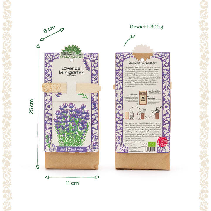 Dos bolsas del "Lavender Mini Garden Grow Kit" de Die Stadtgärtner, una por delante con una ilustración de lavanda y otra por detrás con instrucciones y descripción, se indican las dimensiones y el peso.