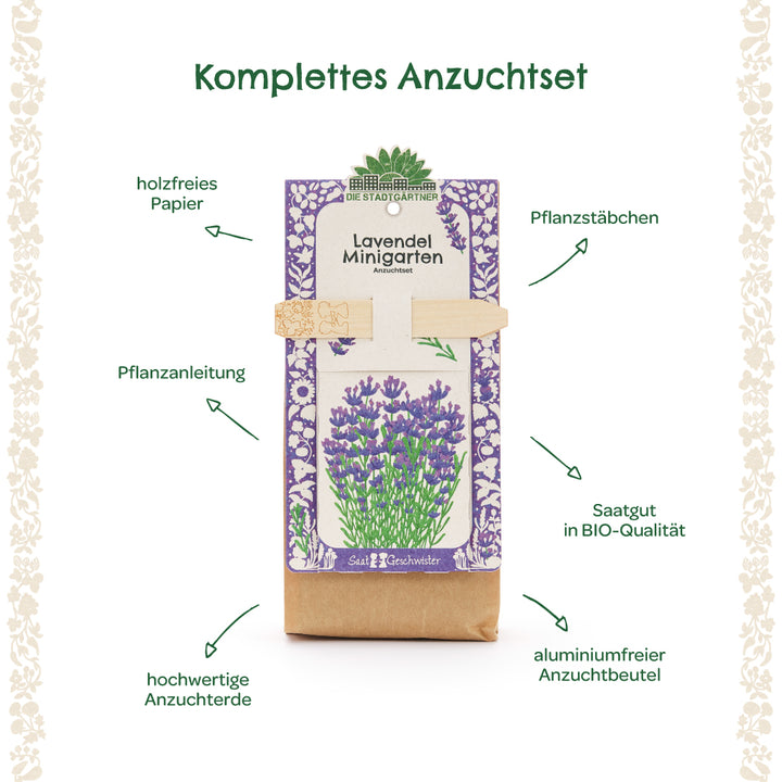 Kit completo para cultivar lavanda con instrucciones de plantación, palitos de plantación, semillas orgánicas, tierra para macetas de alta calidad, papel sin madera y bolsa de cultivo sin aluminio.