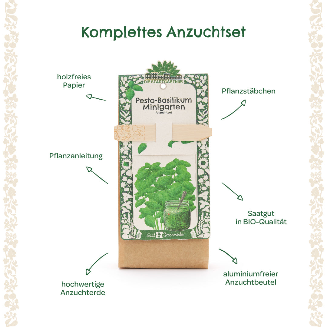 Kit completo de cultivo de albahaca al pesto con palitos de plantación, semillas orgánicas, papel sin madera, instrucciones de plantación, tierra para macetas de alta calidad y una bolsa de cultivo sin aluminio.