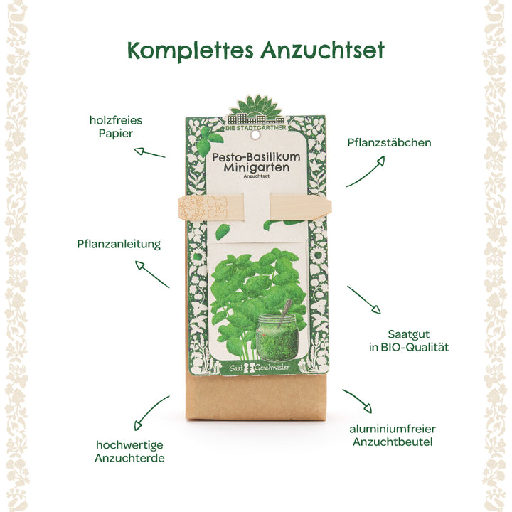 Kit completo de cultivo de albahaca al pesto con palitos de plantación, semillas orgánicas, papel sin madera, instrucciones de plantación, tierra para macetas de alta calidad y una bolsa de cultivo sin aluminio.