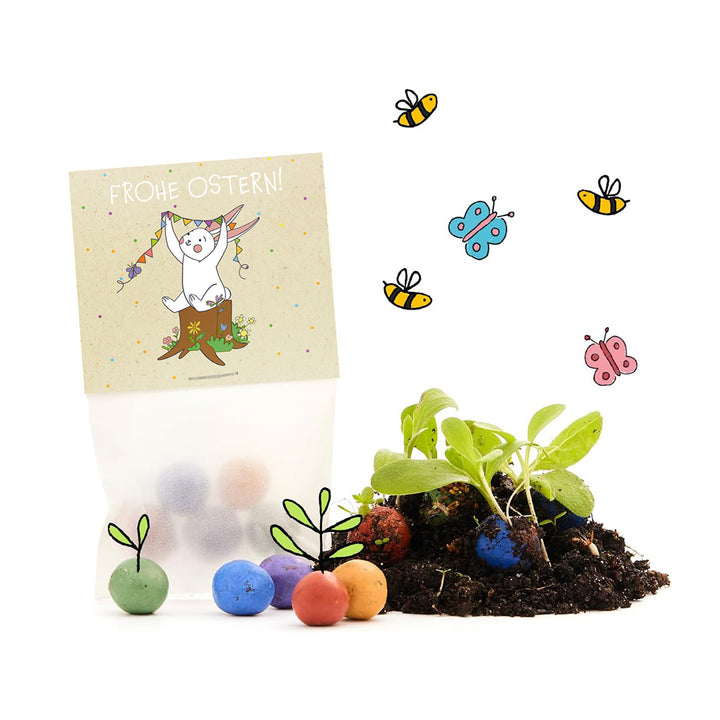 Regalo de Pascua con una colorida mezcla de semillas, una tarjeta de "Felices Pascuas" con un conejito, bolas de semillas y plantas jóvenes, rodeadas de abejas y mariposas dibujadas.