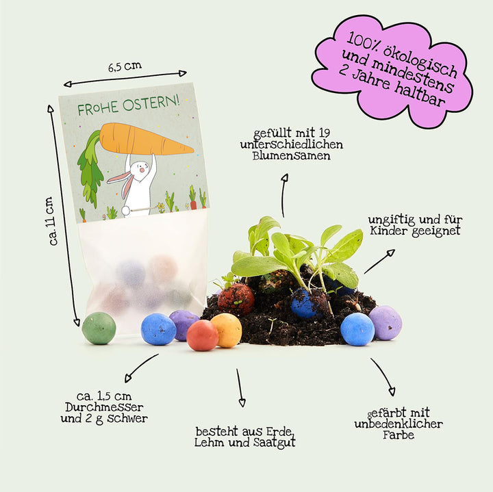 Bolsa de bombas de semillas de colores, ilustradas con un conejito de Pascua y una zanahoria, con varias etiquetas en alemán sobre tamaño, ingredientes, sostenibilidad y seguridad infantil.