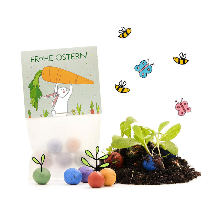 Regalo de Pascua con bolas de semillas, semillas germinadas, una tarjeta de Pascua dibujada con un conejito y una zanahoria, así como abejas y mariposas de colores.