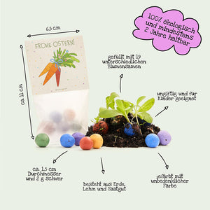 Juego de bolas de semillas de Pascua con embalaje colorido, bolas de semillas de colores surtidos, etiquetas con propiedades como "ecológico", "no tóxico", "apto para niños", "relleno con 19 semillas de flores" e información sobre dimensiones y material en alemán.