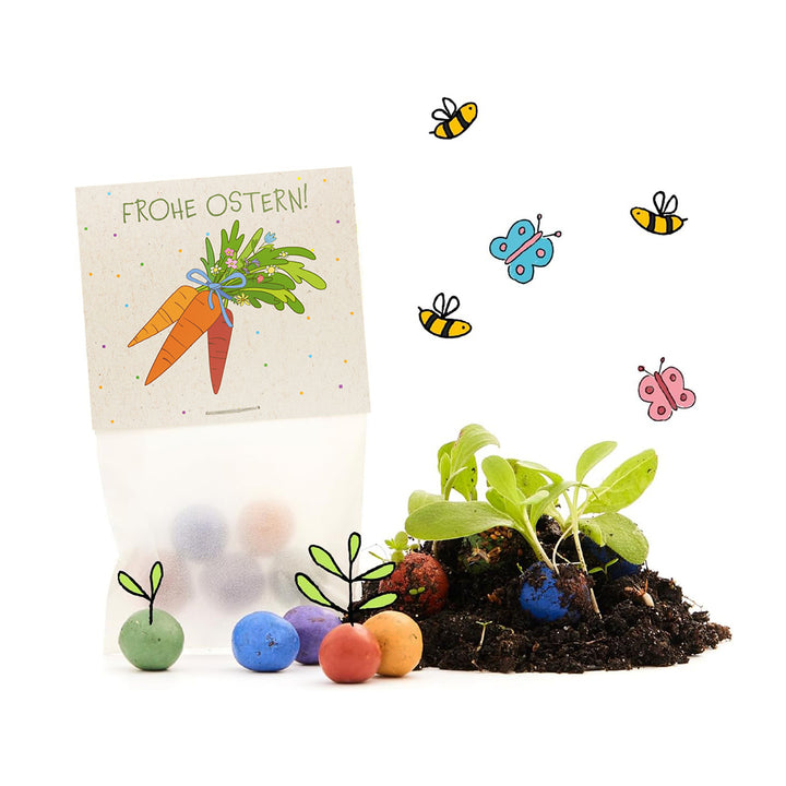 Regalo de Pascua con embalaje colorido de "Felices Pascuas", bolas de semillas de varios colores y plantas brotando en el suelo, rodeadas de abejas y mariposas dibujadas.