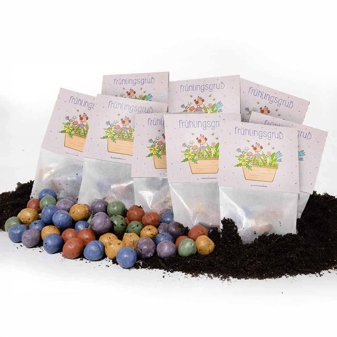 Sobre el suelo se encuentran varias bolsitas con la inscripción “Saludos de primavera” y decoradas con motivos florales, y delante de ellas hay bolas de semillas de colores.