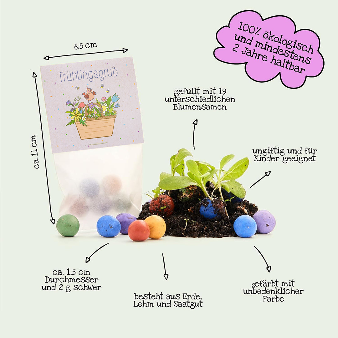 Bolsa de bolas de semillas para saludar a la primavera, coloreadas y hechas de tierra, arcilla y semillas, con semillas germinadas, etiquetadas con información sobre tamaño, peso, ingredientes y seguridad ecológica.
