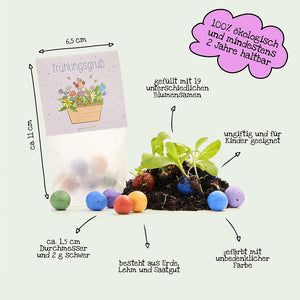 Bolsa de bolas de semillas para saludar a la primavera, coloreadas y hechas de tierra, arcilla y semillas, con semillas germinadas, etiquetadas con información sobre tamaño, peso, ingredientes y seguridad ecológica.