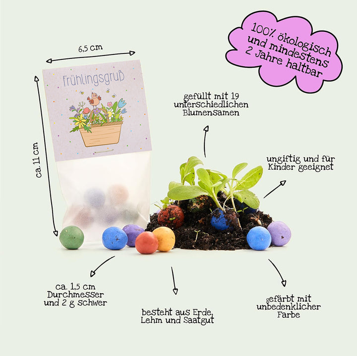 Bolsa de bolas de semillas para saludar a la primavera, coloreadas y hechas de tierra, arcilla y semillas, con semillas germinadas, etiquetadas con información sobre tamaño, peso, ingredientes y seguridad ecológica.