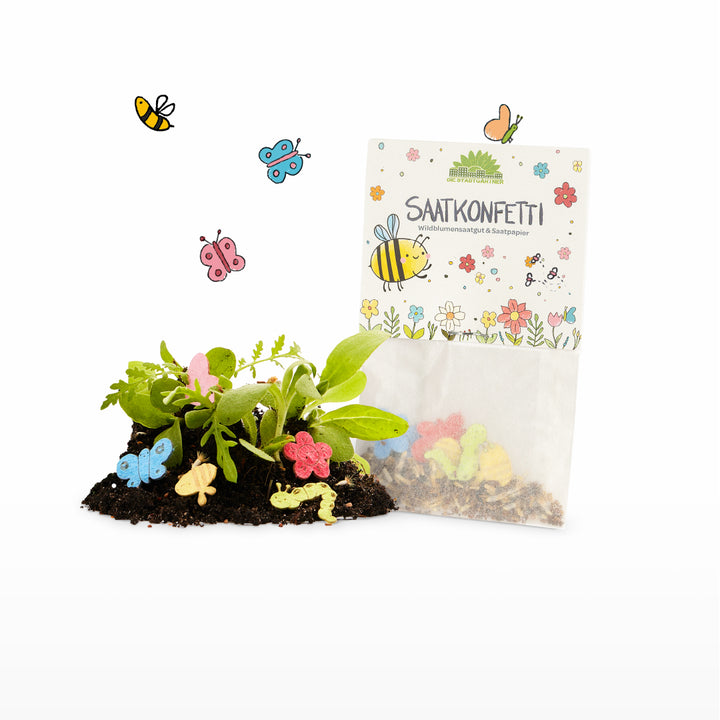 Bolsa de confeti de semillas, figuras de papel con semillas de colores, tierra y plantas jóvenes, con insectos y flores ilustradas en el fondo.
