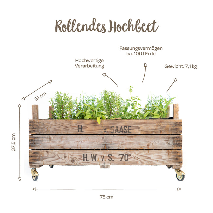 Jardinera de madera sobre ruedas plantada con hierbas aromáticas, etiquetada con dimensiones (75 x 51 x 37,5 cm), capacidad aprox. 100 litros de tierra y peso 7,1 kg.