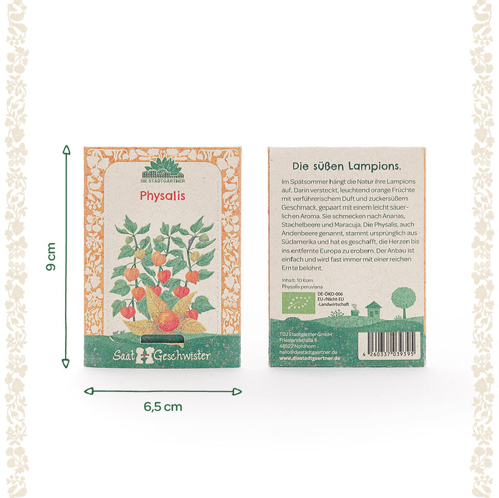 Dos paquetes de semillas de Physalis de "Saat Geschwister" con una ilustración de la planta, descripción del producto en la parte posterior y dimensiones 9 cm de alto y 6,5 cm de ancho.