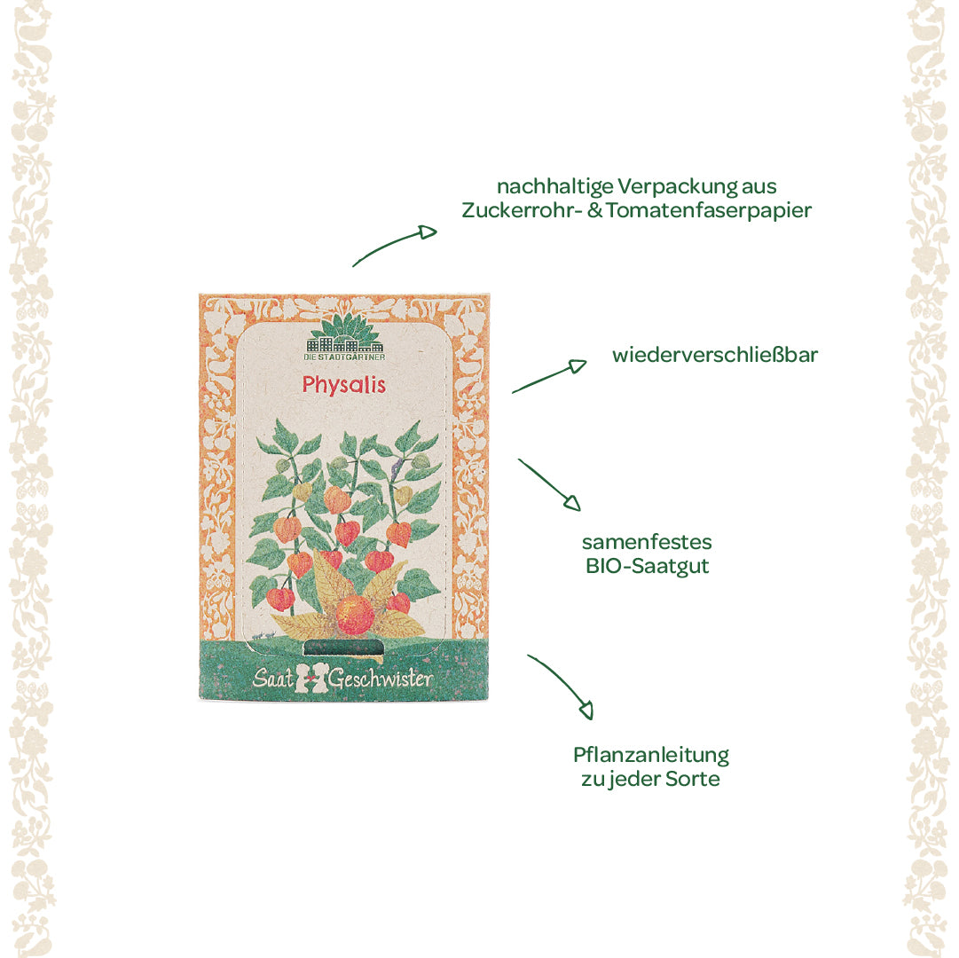 Embalaje de semillas para Physalis con embalaje sostenible elaborado con papel de fibra de caña de azúcar y tomate, semillas orgánicas de polinización abierta resellables e instrucciones de siembra.