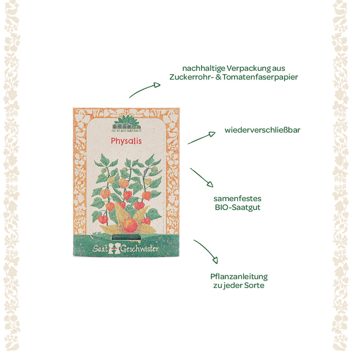 Embalaje de semillas para Physalis con embalaje sostenible elaborado con papel de fibra de caña de azúcar y tomate, semillas orgánicas de polinización abierta resellables e instrucciones de siembra.