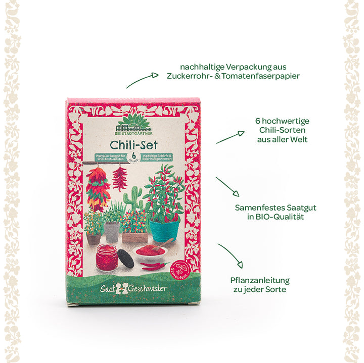 Juego de chile de Die Stadtgärtner en embalaje sostenible, con ilustraciones de varias plantas de chile y explicaciones sobre semillas de chile de alta calidad, calidad orgánica e instrucciones de plantación.