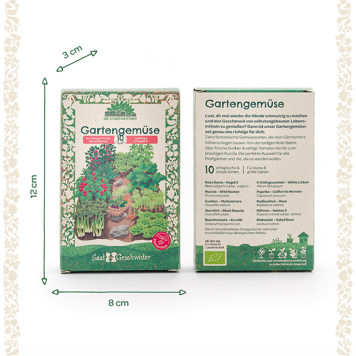 Dos paquetes de semillas "Garden Vegetable" con dimensiones (12 cm de alto, 8 cm de ancho, 3 cm de profundidad), frente con ilustraciones de vegetales, parte posterior con descripción y lista de variedades en alemán.