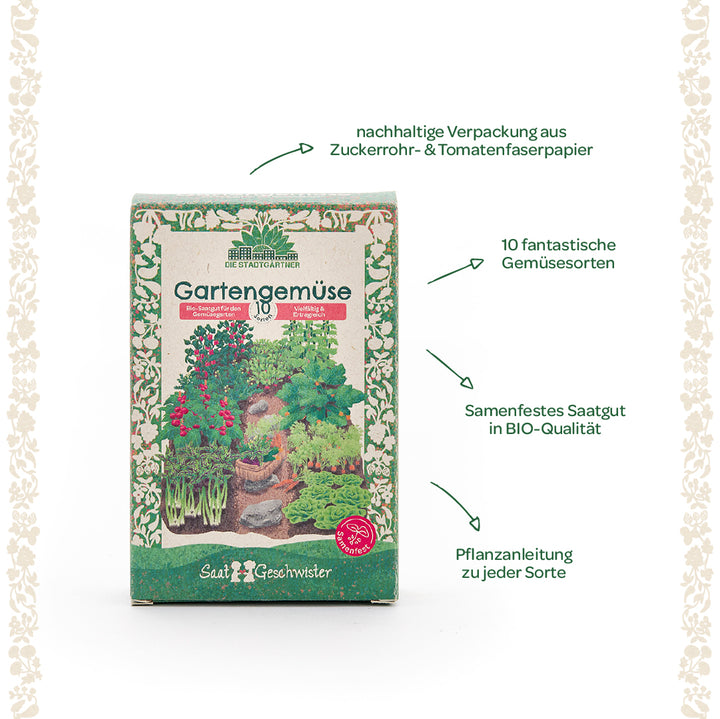 Embalaje para semillas de hortalizas de jardín de "Die Stadtgärtner" con embalaje sostenible, 10 variedades de hortalizas diferentes, semillas orgánicas de polinización abierta e instrucciones de plantación para cada variedad.