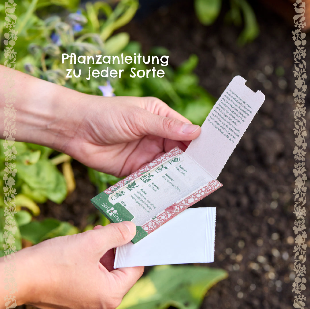 Una persona sosteniendo un paquete de semillas con instrucciones de siembra, fondo con tierra y plantas.