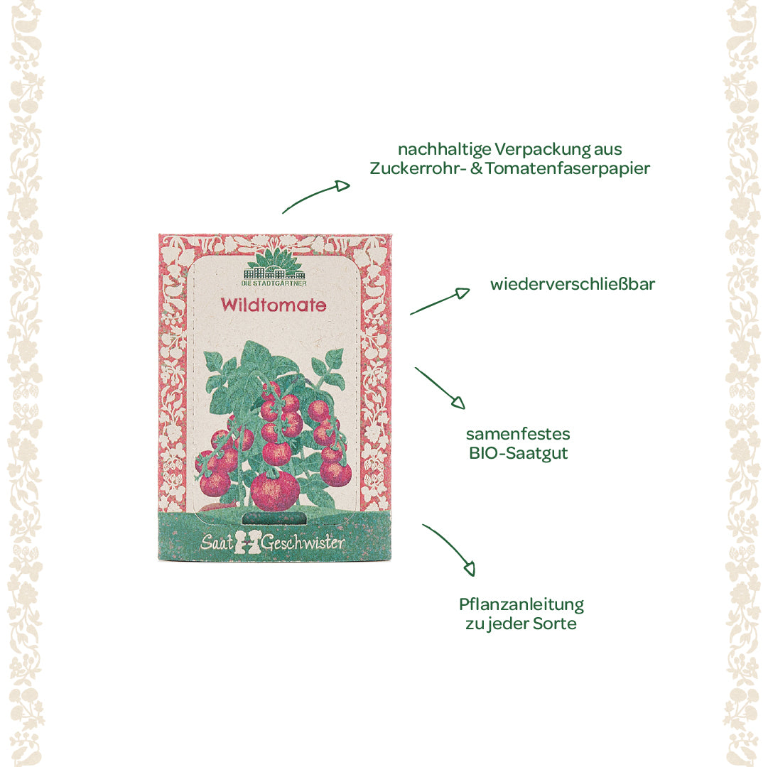 Bolsa de semillas para tomates silvestres con embalaje de diseño sostenible, información sobre semillas orgánicas, posibilidad de resellado e instrucciones de plantación, rodeada de decoraciones florales.