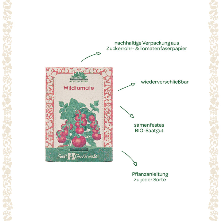 Bolsa de semillas para tomates silvestres con embalaje de diseño sostenible, información sobre semillas orgánicas, posibilidad de resellado e instrucciones de plantación, rodeada de decoraciones florales.
