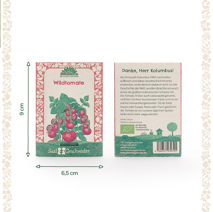 Dos paquetes de semillas de tomate silvestre de "Die Stadtgärtner" de 9 cm de alto y 6,5 cm de ancho, con una ilustración de la planta en el anverso y un texto descriptivo en el reverso.