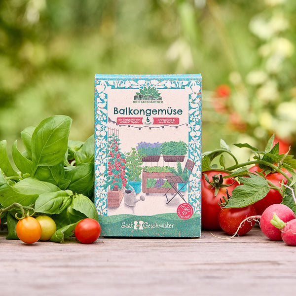 Paquete de verduras de balcón con semillas de diversas verduras sobre una mesa de madera, rodeado de hierbas frescas, tomates y rábanos al aire libre.