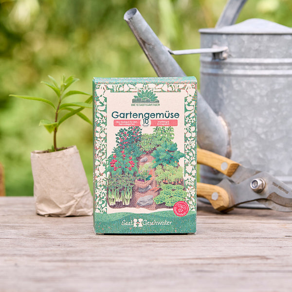 Paquete de semillas de hortalizas de jardín sobre una mesa de madera, junto a una pequeña planta, una regadera y tijeras de podar en el fondo.