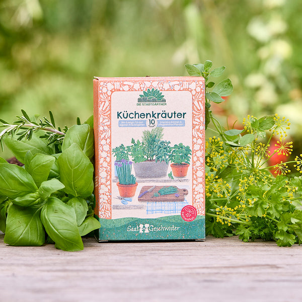 Paquete de semillas de hierbas de cocina entre hierbas frescas del jardín.