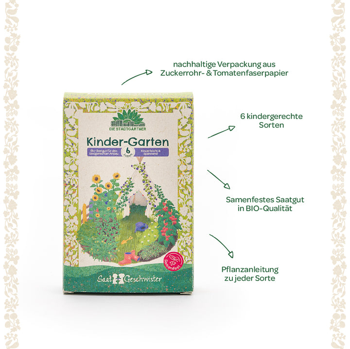 Embalaje de un kit de semillas orgánicas llamado “Kinder-Garten” con variedades aptas para niños, embalaje sostenible e instrucciones de plantación, rodeado de texto explicativo en alemán.