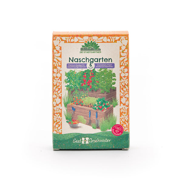 Pack "Naschgarten" de Die Stadtgärtner, que presenta una colorida ilustración de parterres elevados con diversas hierbas y verduras, rodeados de una decoración floral de color amarillo anaranjado.