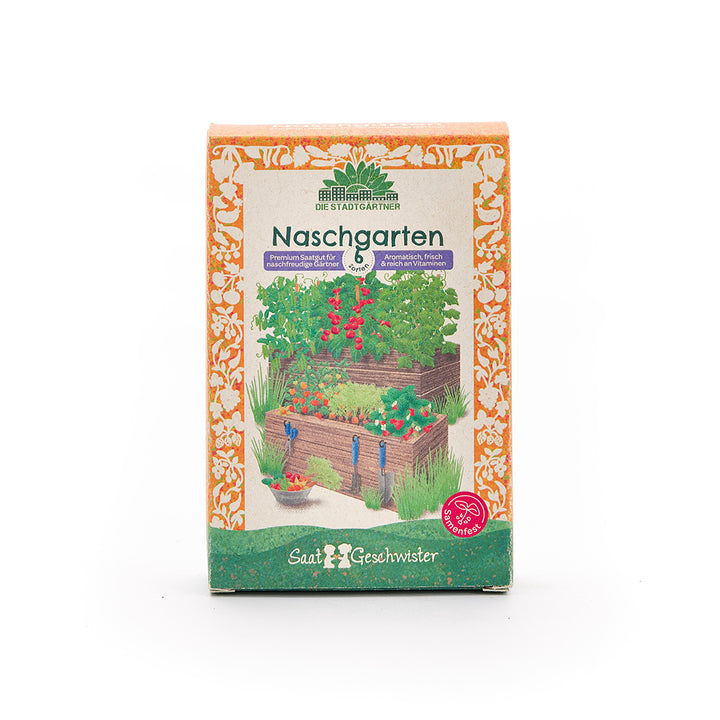 Pack "Naschgarten" de Die Stadtgärtner, que presenta una colorida ilustración de parterres elevados con diversas hierbas y verduras, rodeados de una decoración floral de color amarillo anaranjado.