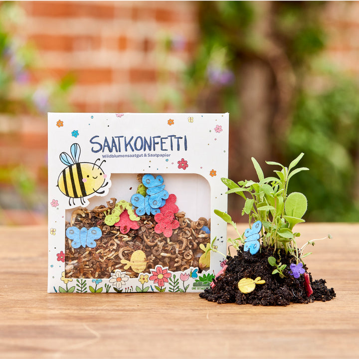 Paquete de confeti de semillas con semillas de flores silvestres y papel de semillas de colores, junto a pequeñas plantas en crecimiento con tierra.