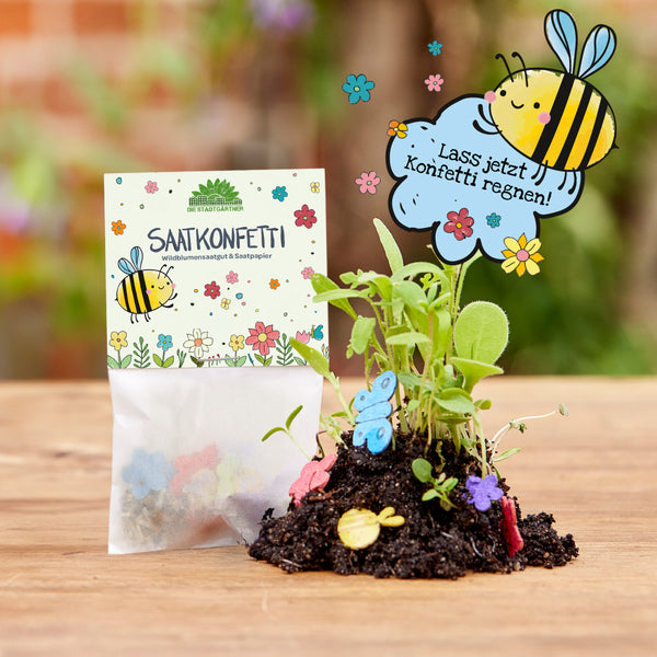 Bolsa impresa con "Confeti de semillas" y semillas de flores silvestres junto a pequeñas plántulas de flores silvestres en el suelo, decorada con confeti de papel de colores y una abeja dibujada con un bocadillo de diálogo que dice "¡Que llueva confeti ahora!".