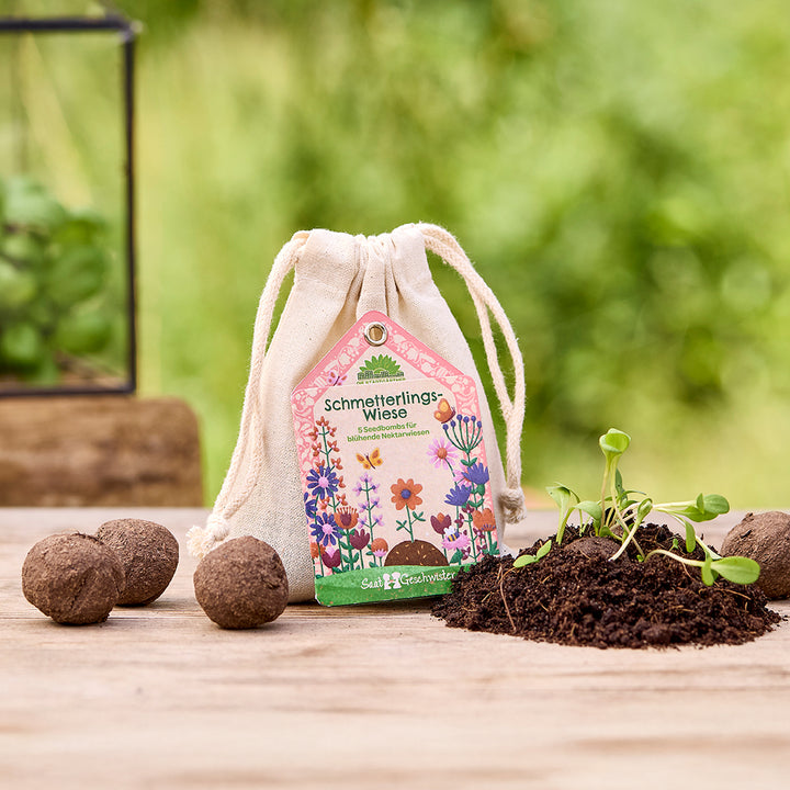 Bolsa de tela con la etiqueta “Butterfly Meadow”, junto a ella bolas de semillas y tierra con plantas jóvenes, con la naturaleza borrosa al fondo.