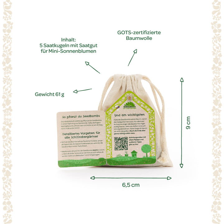 Pequeña bolsa de algodón con instrucciones y etiqueta, contiene 5 bolas de semillas para mini girasoles, fabricada en algodón certificado GOTS, dimensiones 9 x 6,5 cm, peso 61 g.